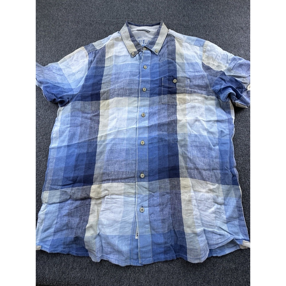 Tommy Bahama Shirt Mens Large Blue Beige Colorblock Linen Pocket Relax Button Up